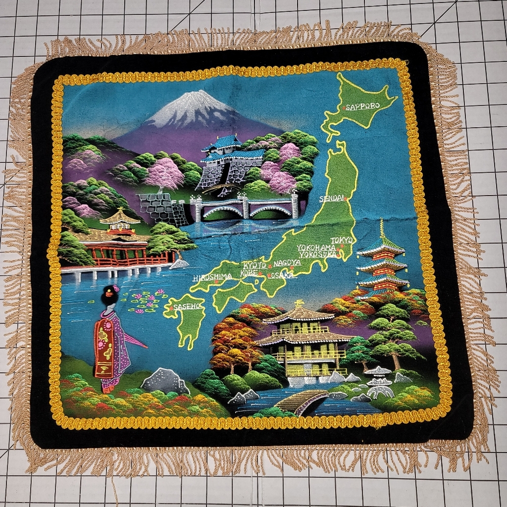 Vintage Asian Japanese Black‎ Velvet Hand Painted PILLOWCASE SHAM #2 - Picture 11 of 12